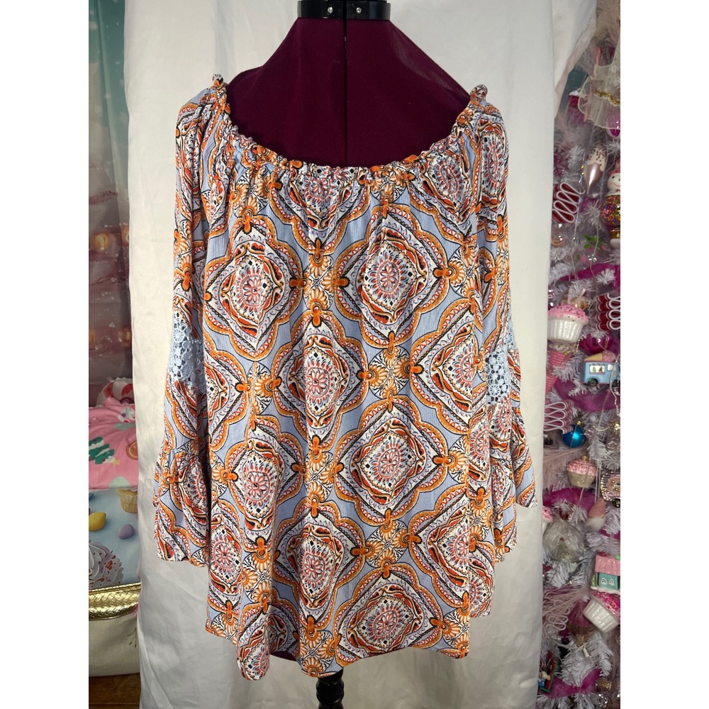 Crown & Ivy Bell Sleeve Top Women L Blue Orange Paisley Lace Boho Good Blouse